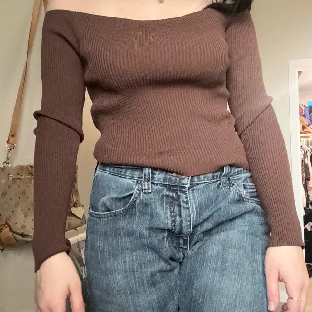 Brown Off-Shoulder Ribbed Sweater - Picture 1 of 2